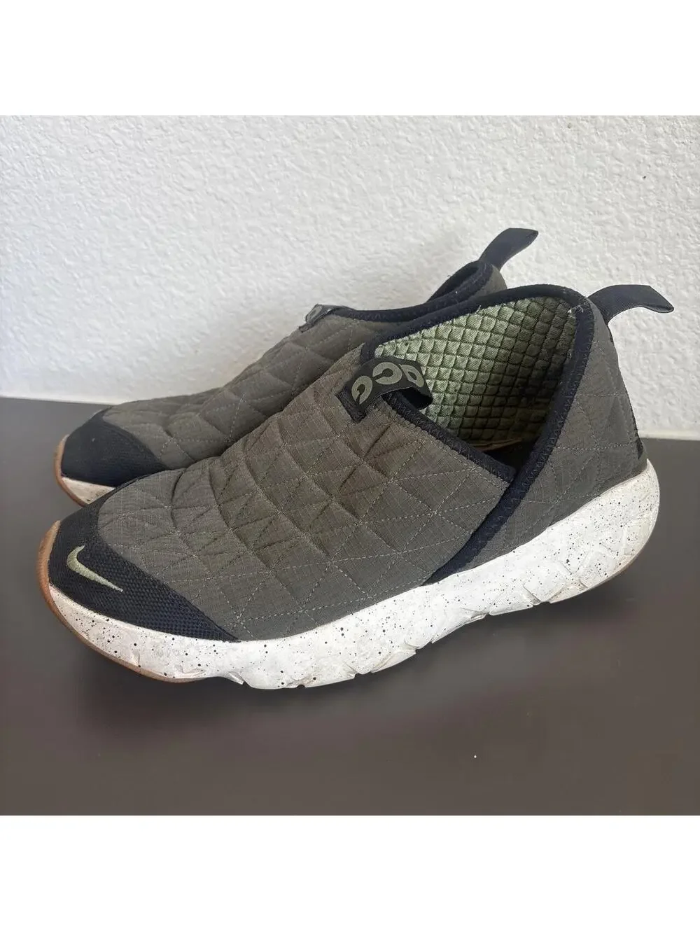 Nike ACG slip-on sneakers in olive green with quilted diamond pattern